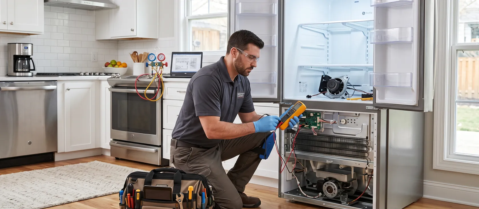 A service provider performing appliance repair work