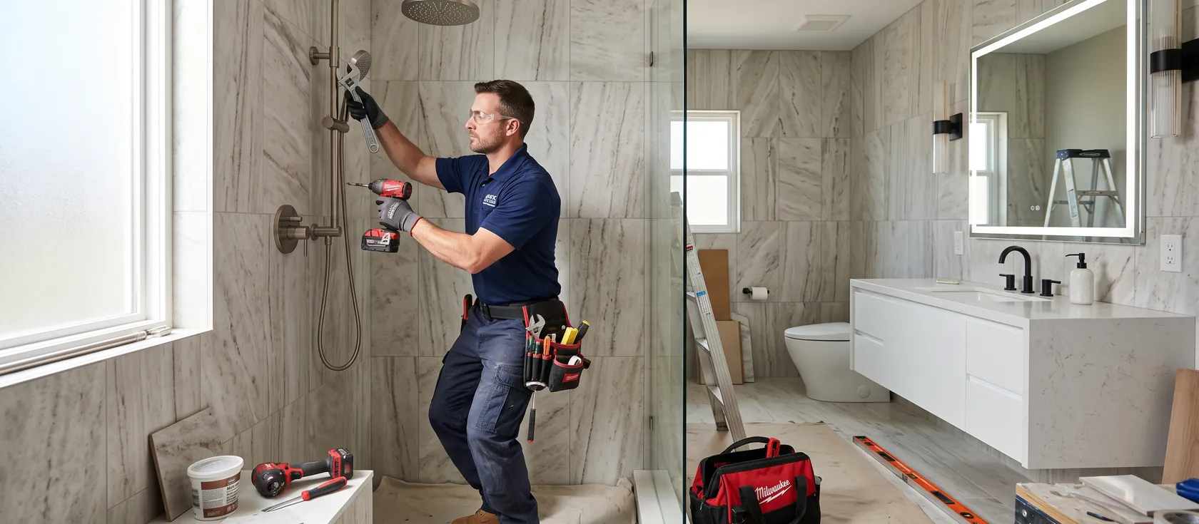 A service provider performing bathroom remodeling work