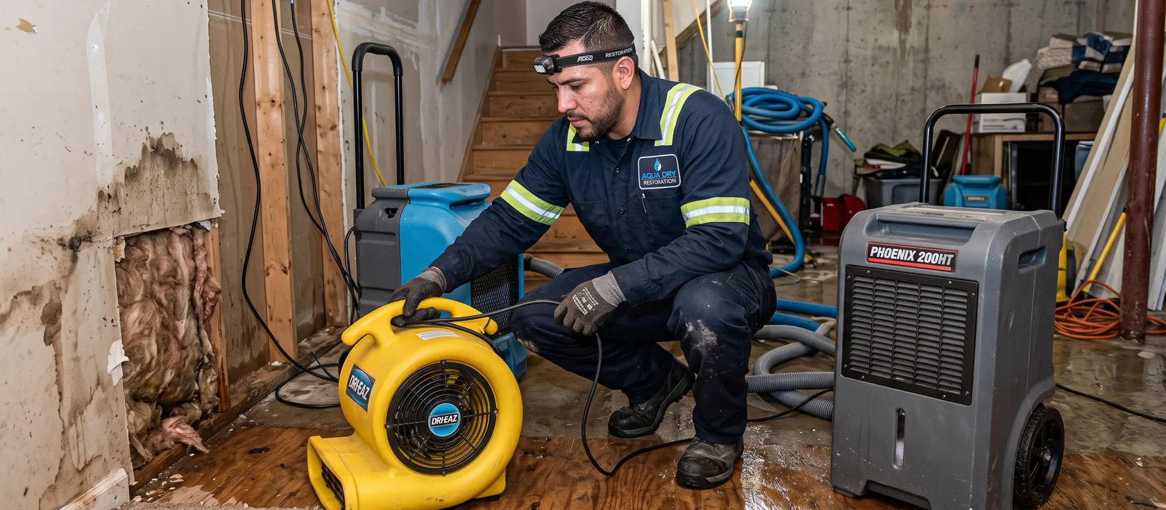 A service provider performing water damage cleanup and drying work